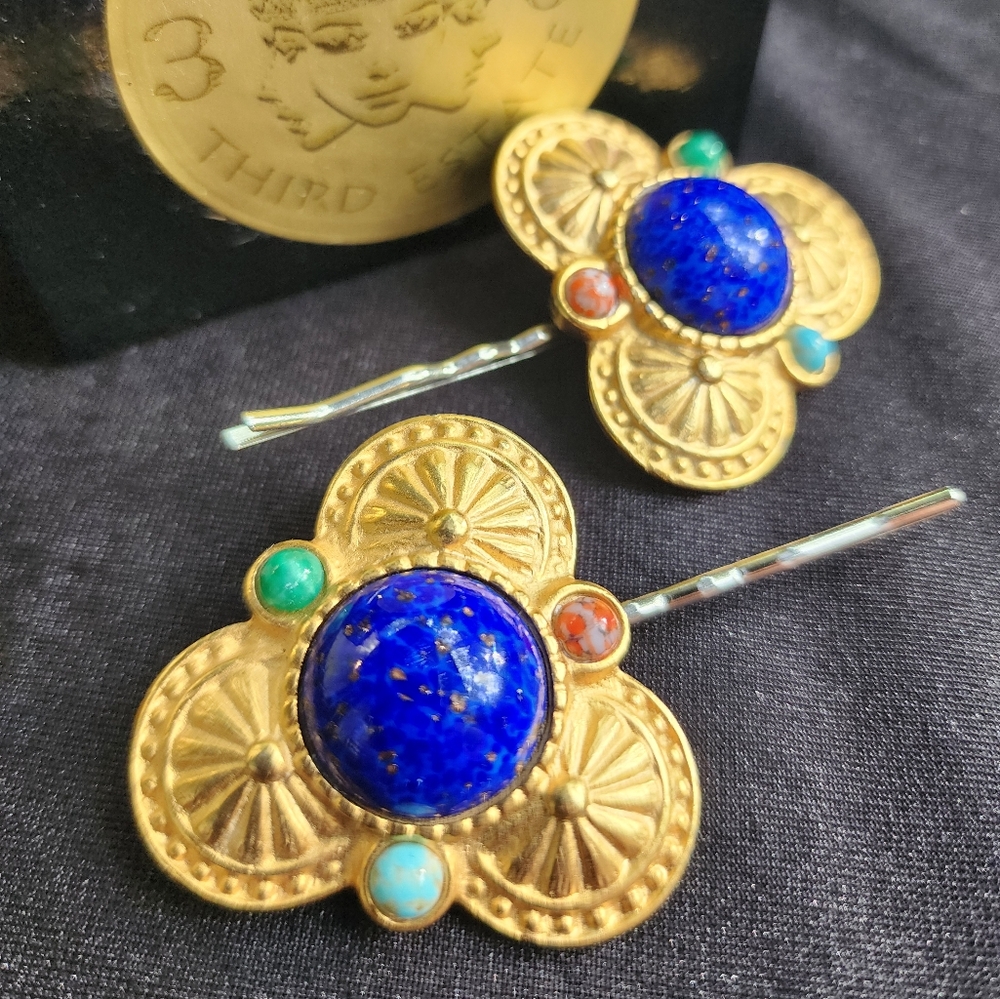 Gold Metal w/ Blue Center Stone Set of 2 Hairpins Handmade from Vintage Earrings
